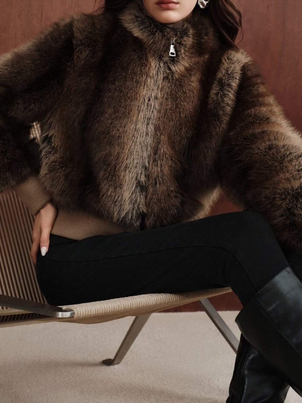 Brown Casual Women's Faux Fur Stand Collar Short Jacket